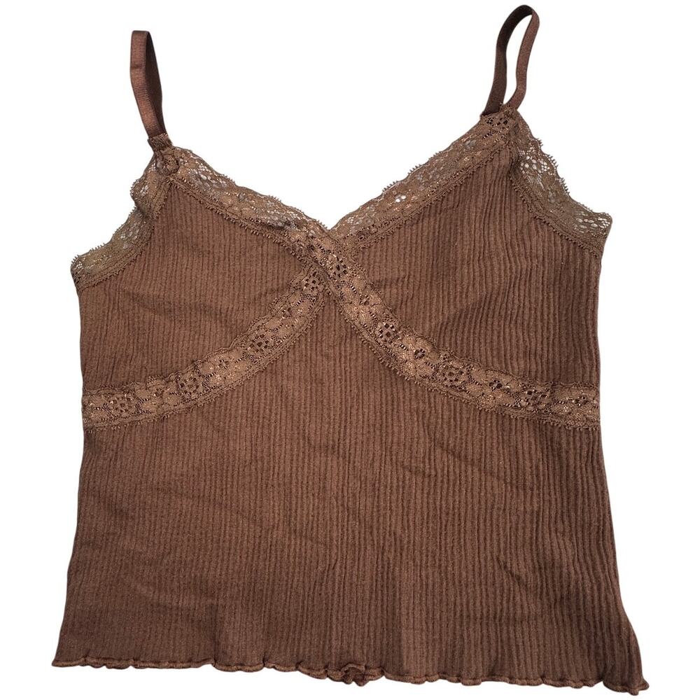 BDG Lace Trim Cami Tank Top Large Brown Ribbed Modal